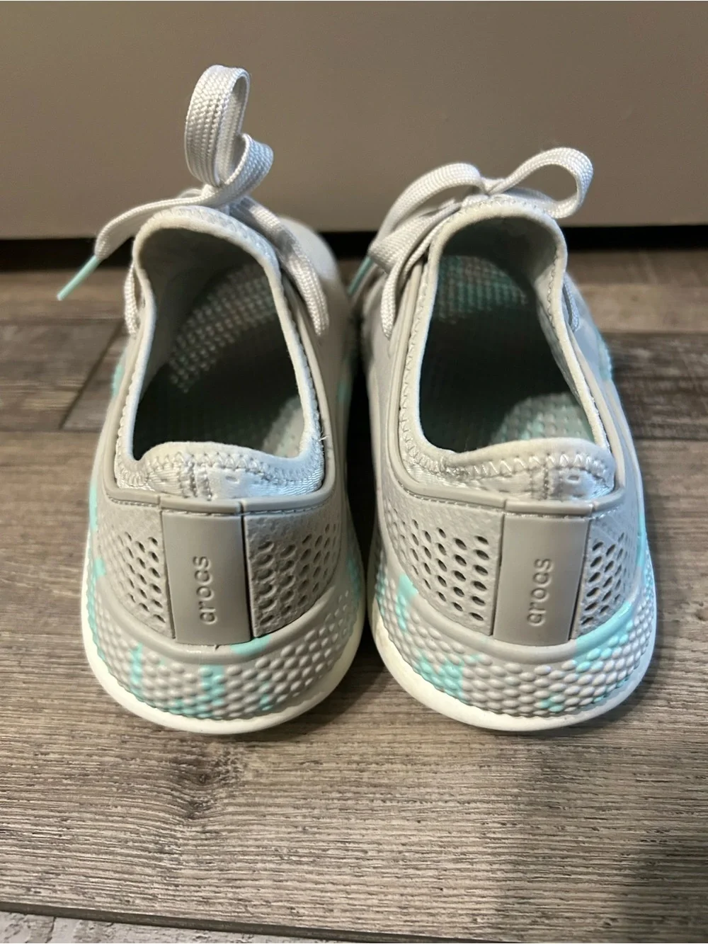 grey and marbled aqua Crocs LiteRide 360 Pacer sneakers